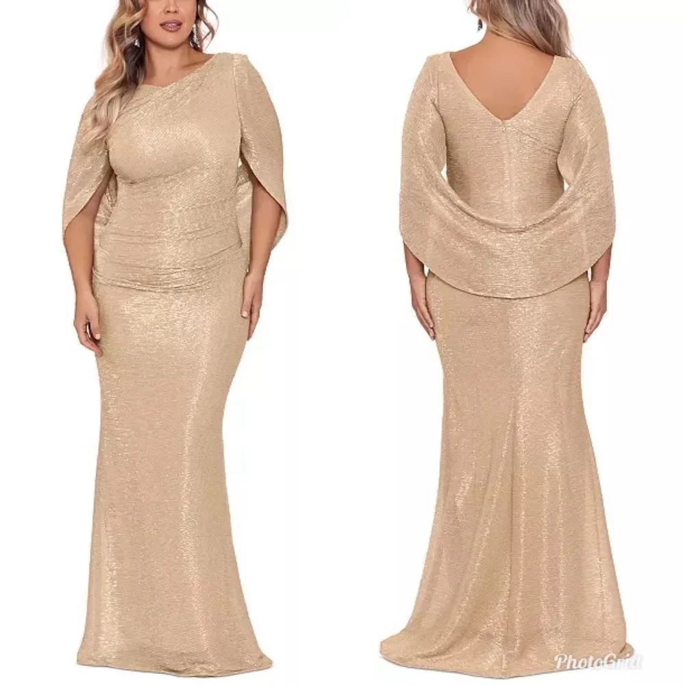 Revolve Betsy & Adam Cape Back Maxi Metallic Cowl Neck Drape Back Formal Dress